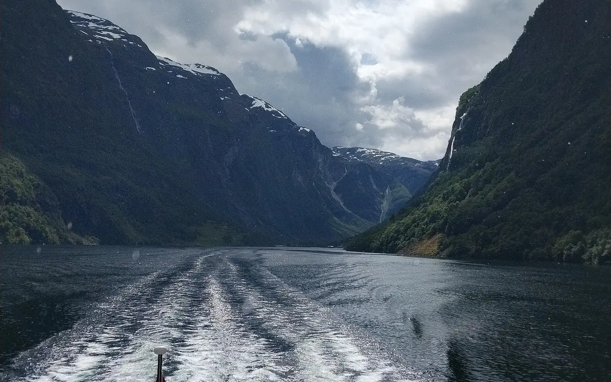 Snow on the peaks above the fjord near Flåm in winter
