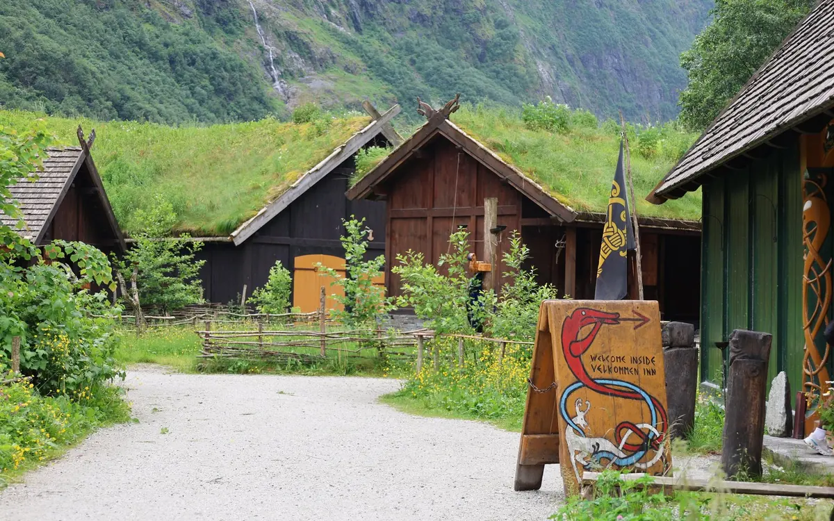 The Njardarheimr Viking village at Gudvangen beside the fjord