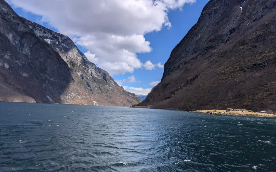 The Nærøyfjord from the water on the boat and train route