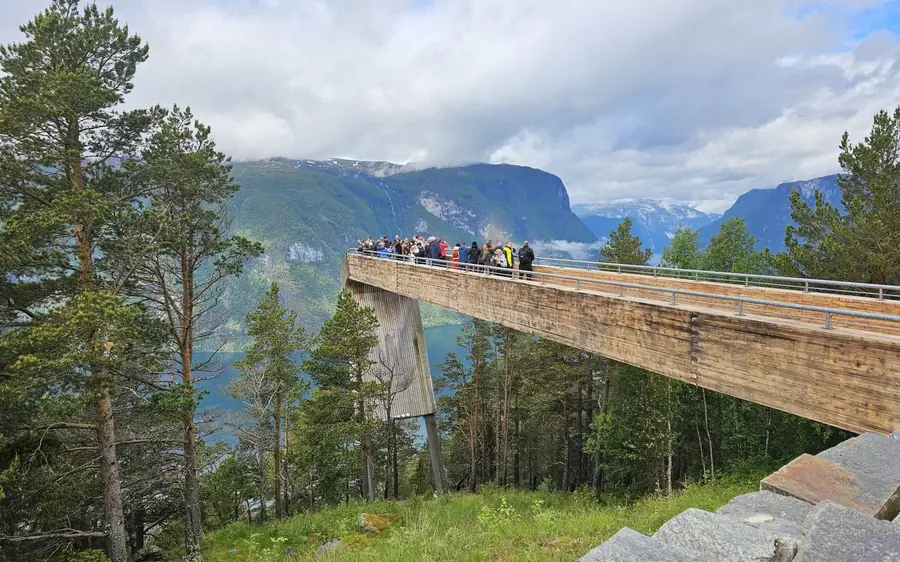 The glass skywalk at Stegastein reaching out over the fjord